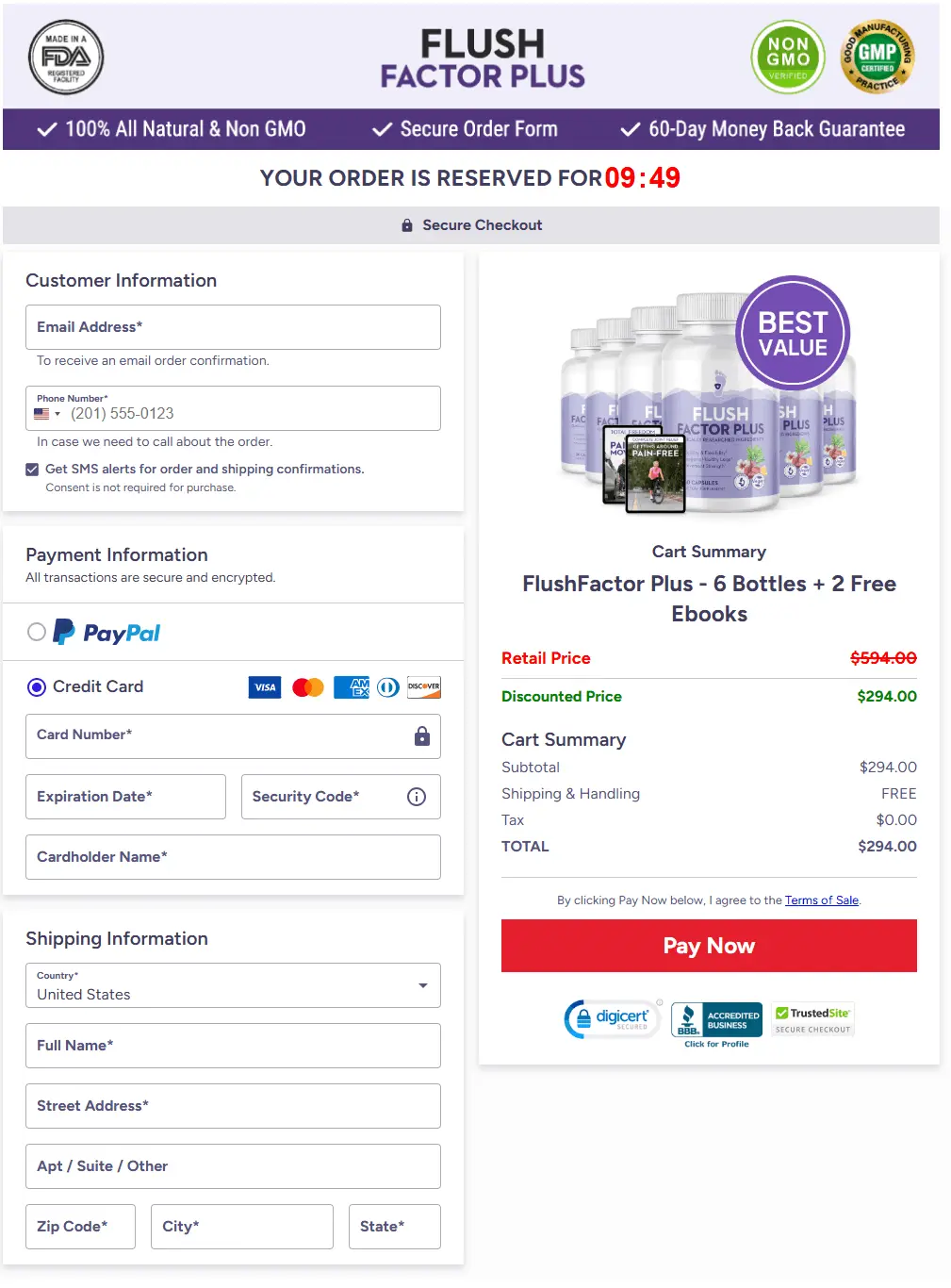 Secure Flush Factor Plus checkout page for placing your order