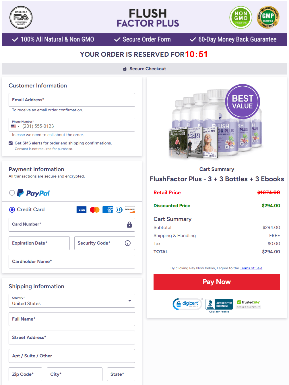 Secure Flush Factor Plus checkout page for placing your order